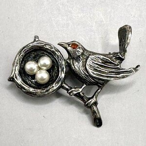Pearl Eggs Nest Bird Brooch Figural Branch 925 Sterling Silver Nature Pin